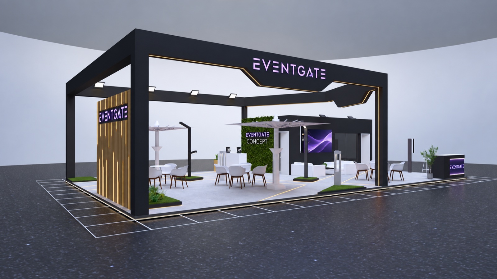 Ahşap Stand · 135 m² — Konsept 02 — EVENTGATE Concept tasarım çalışması